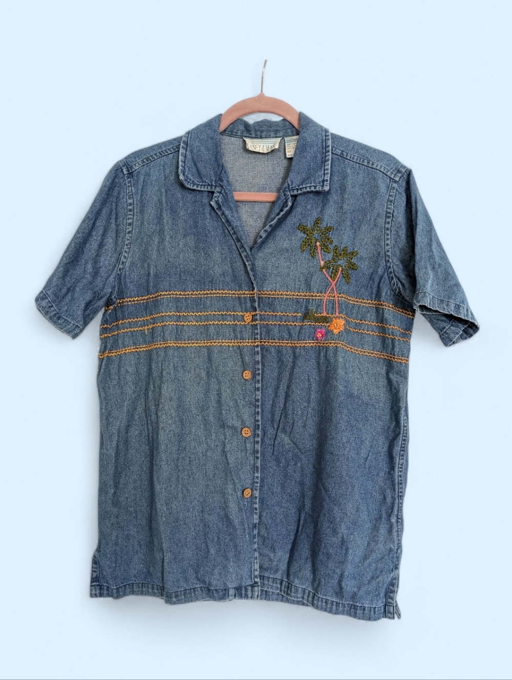 Casey & Max Vintage Women Denim Short Sleeve Embroidered Shirt S Tropical Beach